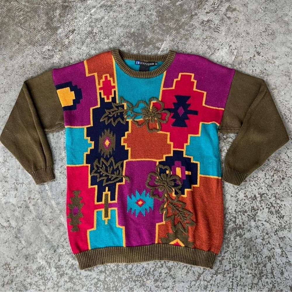 VTG I.B. Diffusion Southwestern Geometric Ramie Cotton Chunky Knit Sweater Large